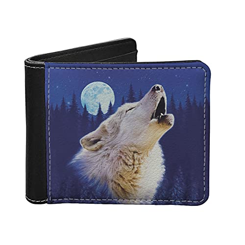 Image of Jeiento Men Fold Wallet Money Organizer 4 of Card Spaces and 1 Money Slots (3.7x4.5 Inches) Wolf and Moon Pattern