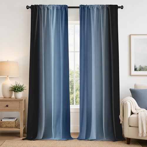 Navy Blue and Black Curtains for Living Room 84 Inch Length 2 Panel Set