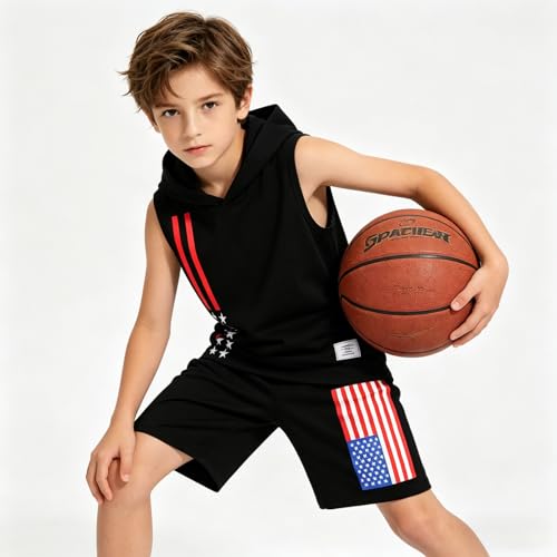 Image of Size 6-12 Years Boys Summer Clothes Hooded Sleeveless Tank Tops Workout Shorts 2 Piece Set Fashion Outfits