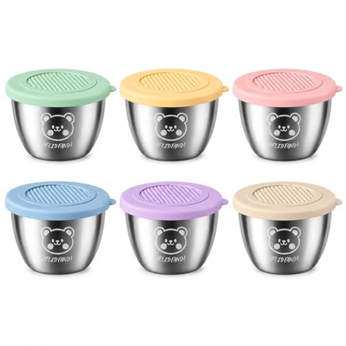 Image of Small Round Stainless Steel Food Storage Containers with Silicone Lids Kitchen Bowls for Portions Ketchup Chutney Sauces Dips Spices Dry Fruits Baby Food Refrigerator Freezer Safe-50ml (6)