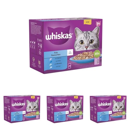 WHISKAS 7+ Cat Pouches Fish Favourites in Jelly 12 x 85 g (Pack of 4)