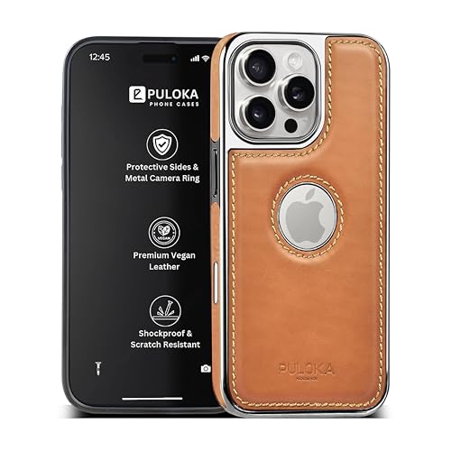Image of PULOKA Chrome Leather Back Case - Compatible with iPhone 16 Pro - Luxury Bumper Case - Flexible Vegan Leather - Electroplated Sides & Logocut - Full Camera Protetection & Raised Edges - TAN