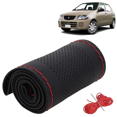 Image of KINGSWAY PU Leatherite Car Steering Cover Sewable Compatible with Maruti Suzuki Alto (Year 2000-2012), Black Color with Red Thread, Pack of 1 with Sewing Needle and Thread