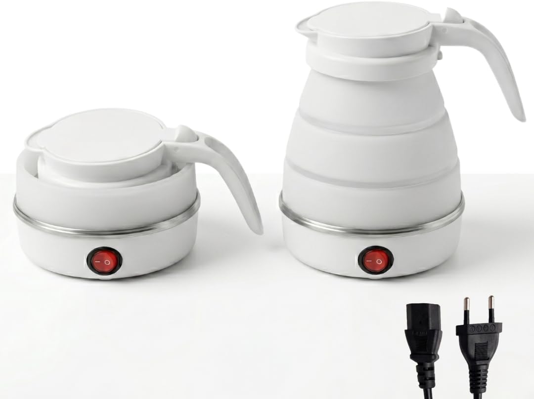 Foldable Electric Kettle 600ml Portable Silicone Travel Kettle | Collapsible Electric Water Boiler | 600W Fast Heating | Compact Mini Kettle for Travel, Hotel, Office & Home | White