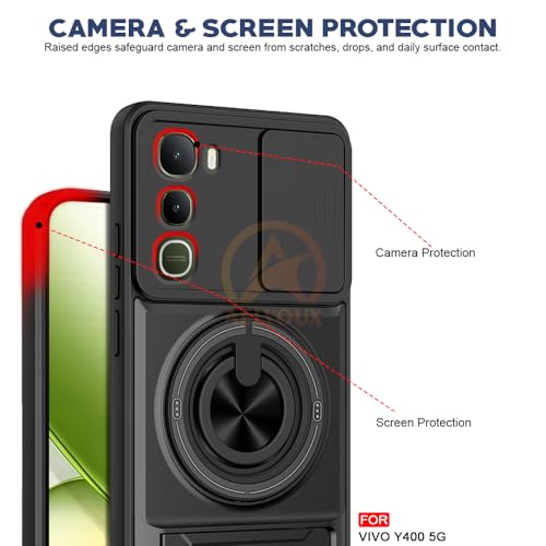 Image of Vivo Y400 5G Back Cover | Armor Camera Slider 360 Degree Rotating Finger Ring Holder Case with Bracket Stand Back Case Cover (Compatible with MagSafe Accessories) (Black)