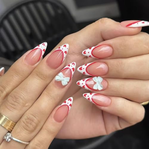 Image of White French Tip Press on Nails Heart Fake Nails with 3D Bow Design Nude Glue on Nails Glossy Artificial Acrylic Full Cover Stick on Nails Medium Almond False Nails for Women Manicure