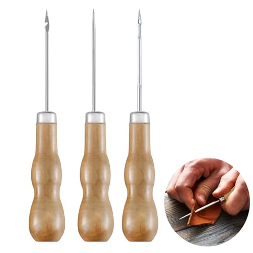LZZEM Punteruolo da cucito con manico in legno, punteruolo per riparare scarpe all'uncinetto, punteruolo per cuoio o fatto a mano, 3 pezzi