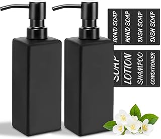 MIUSITE Matte Black Glass Soap Dispenser with Stainless Steel Pump, 350ml Square Hand Soap Dispensers for Kitchen and Bathroom, Refillable Stylish Liquid Soap Dispenser with Waterproof Labels 2 Pack