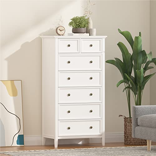 Ikeno White 7 Drawer Tall Dresser, Solid Wood Large Storage Cabinet, Modern Simple White Tall Chest Of Drawer For Bedroom Living Room Hallway Entryway (White) #TOP5