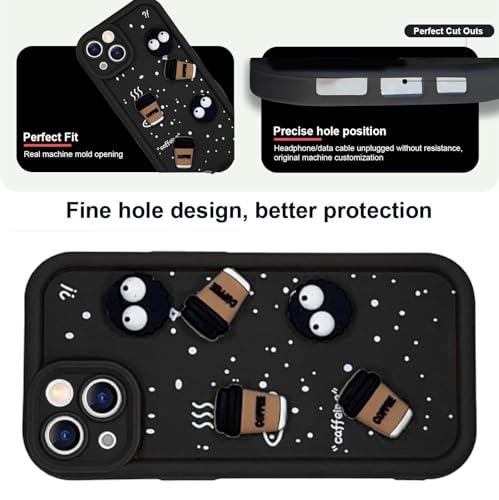 Image of GoldKart Back Case Cover Compatible for iPhone 13 /14 | Cute Fun Cartoon 3D Ball Coffee Silicone Case | Full Body Protection Back Cover for iPhone 13 /14 - Black