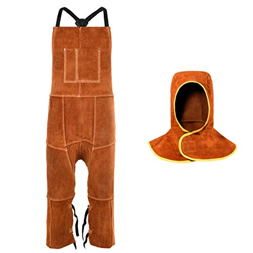 Leather Welding Split Leg apron with Welding Hood - Heat & Flame Protection - Adustable M to XXXL for Men & Women, 24X42-INCH