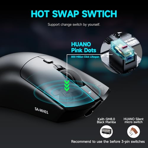 Image of RAWM MH01 Wireless Lightweight Gaming Mouse, PAW3395 Optical Sensor, 26000 DPI, 600mAh Rechargeable Battery, 7 Programmable Buttons, Dual-Driver Gaming Mice for PC /Laptop /Mac