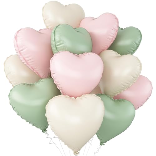 Pink Green White Heart Balloons,12Pcs 18Inch Cream White Baby Pink Sage Green Heart Shaped Foil Helium Balloons for Wildflower Baby Shower Birthday Wedding Engagement Party Decorations