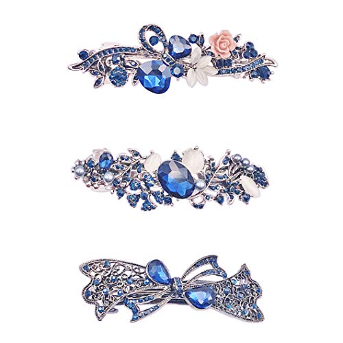 Messen Crystal Rhinestones Barrettes Dark Blue Hair Clip French Clip Design Hair Clips Barrette Bridal Wedding Formal Event Jewelry Accessory for Women Girls (3 Pack, Pink Flowers/Pearl Flowers/B