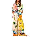ABPWO Floral two piece sets for women, Casual Floral Fruit Print Short Sleeve Shirt Wide Leg Pants Holiday Hawaii Summer Beach Outfits(Size:X-Large)