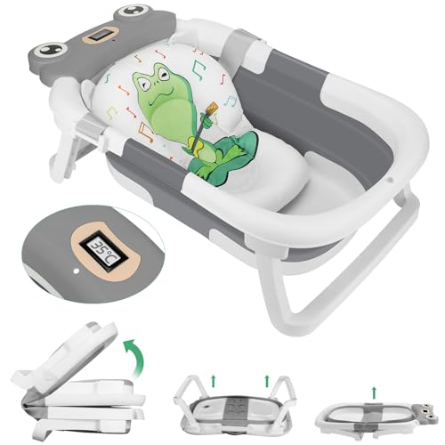 Vaschetta Bagnetto Neonato Pieghevole con Indicatore di Temperatura, Bagnetto Neonato con Supporto, Vasca Neonato...