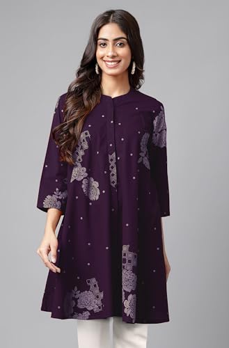 Image of Janasya Women's Pure Cotton Floral Printed Flared Tunic