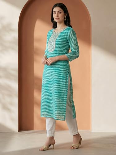Image of INDO ERA Women's Georgette Leheriya Printed Straight Calf Length Kurtas (IEAI12232)