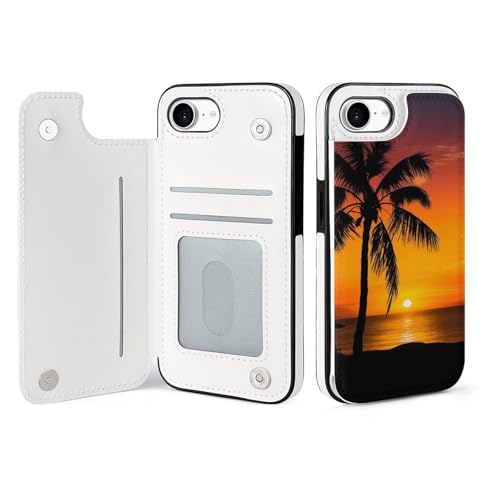 Étui portefeuille iPhone 16 SE4 à rabat en cuir avec fentes cartes motif palmier