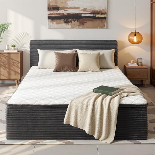 Queen Boneless Bed Frame with Mattress 16 Inch Memory Foam Mattress with Plush Fabric Upholstered Bed Frame Platform Medium Support Cloud Bed for Master Bedroom Guest Room No Assembly Required