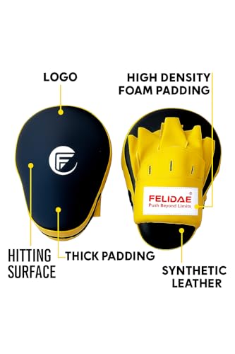 Image of FELIDAE Focus Pads for Boxing & MMA Training | Curved Punch Mitts for Kickboxing, Muay Thai & Martial Arts | Durable PU Leather Hand Target Pads for Punch Accuracy & Speed | Red Black (Yellow /Black)