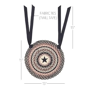 VHC Brands Colonial Star Round Seat Cushion Chair Pad Tan Black Red Jute Blend with Ties Set of 4 15×15 Inches