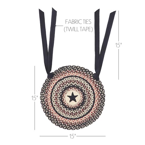 VHC Brands Colonial Star Round Seat Cushion Chair Pad, Tan Black Red, Jute Blend with Ties, 15x15 Inches by VHC Brands - Image 3