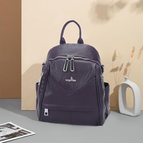 Image of Angel Kiss Small Backpack Purse for Women,Soft Vegan Leather Roomy Backpacks,Designer Ladies Shoulder Backpack Fashion Handbag with Removable Strap,Purple