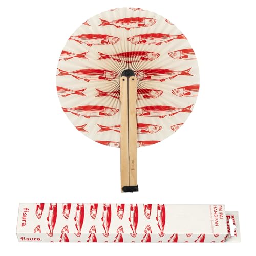 Fisura – Abanico Plegable con Estampado de sardinas. Abanico Plegable Original de Papel. PAI PAI Blanco y Rojo. Detalle de Boda para Invitados. Regalo Fiesta o Ceremonias.