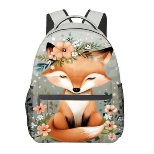 Cute Fox Backpack,Woodland Animal Polyester Backpacks,Lightweight Double Shoulder Back Pack for Kids Teens,Adorable Floral Bookbag,School Bag Gifts,Casual Travel Daypack Book Packs
