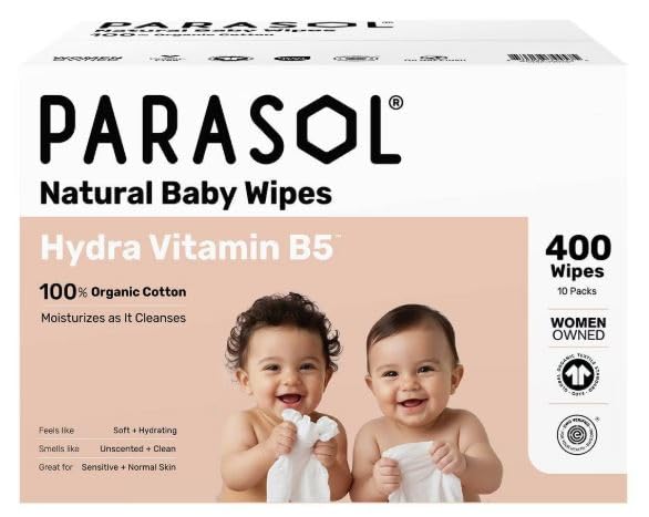 Parasol 100% Organic Cotton Baby Wipes with Hydra~Vitamin~B5, 400 Count, 10 Pack of 40