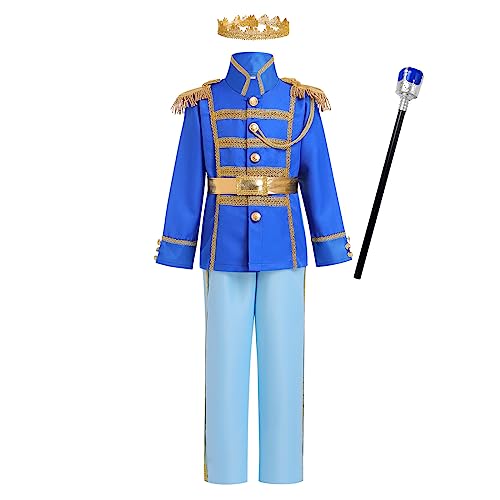 Prince King Charming Costume for Kids Boys Medieval Royal Prince Costume Halloween Christmas Cosplay Party Outfits Dress up Crown Truncheon Cape Belt Shoe Covers Accessories Set Sapphire Blue 5PCS 8-10 Years