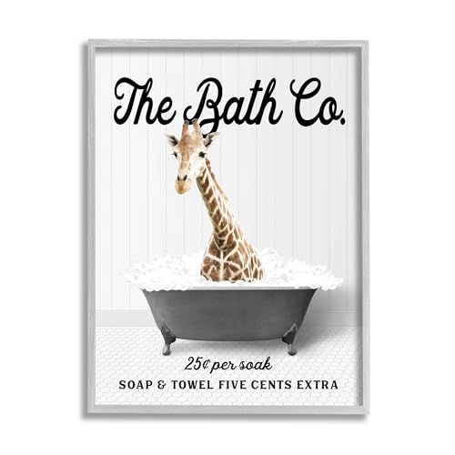 Image of 'Giraffe Vintage Bubble Bath'| Framed Giclee Art | Stupell Industries | Gray, 24 x 30 Inches, Easy to Hang and Sturdy, Made in USA, by Lettered and Lined