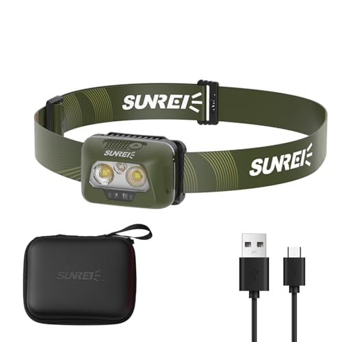 SUNREI Rechargeable Headlamp, Red Led Headlamp, 2200mAh Battery, Motion Sensor, Stepless Dimming, IPX6 Waterproof, 6 Light Modes, Type-C, Lightweight Outdoor Headlamp for Camping, Hiking, Running