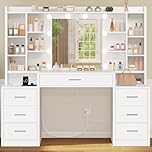 TEENFON Dressing Table with Mirror, 10 LED Lights, 3 Light Modes with 6 Brightness Levels, Vanity with 7 Drawers and 8 Storage Shelves, Vanity Table with Power Socket, Modern white