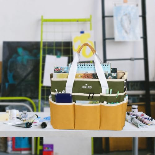 Image of JJRING Craft Organizer Tote Bag Large Art Storage Caddy Dark Green&Brown