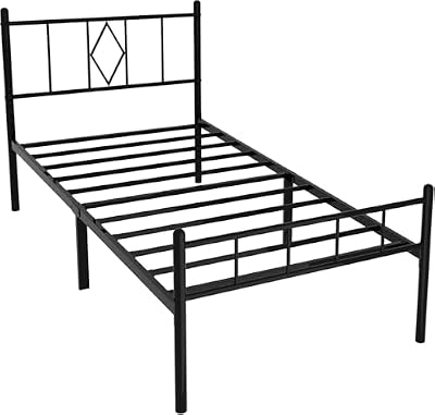 Bervinome Twin Size Platform Bed Frame, Heavy Duty Metal Bed Frame with Headboard, Steel Slat Support, Under Bed Storage Space, Easy Assembly, No Box Spring Needed, Black