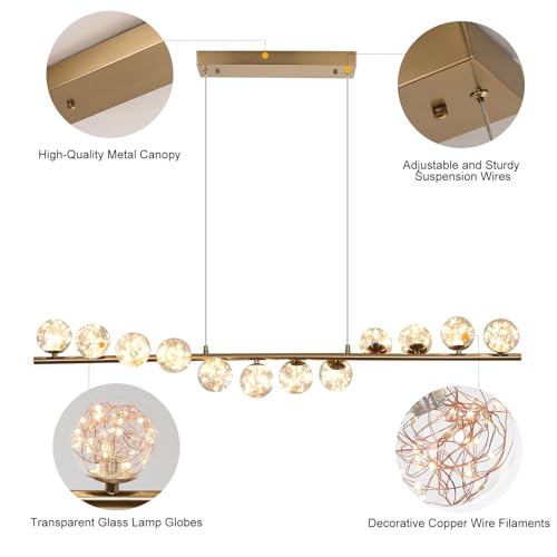 GEADI Złoty żyrandol, 50 W lampa wisząca LED nowoczesna kuchnia, 120 cm regulowana lampa wisząca, 12 szklanych żyrandoli, do jadalni, salonu, odpoczynku