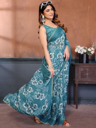 Image of Satrani Women's Georgette Floral Printed Saree with Unstitched Blouse Piece