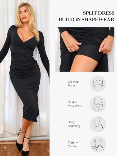 Popilush Shapewear Dress V Neck Formal Wedding Midi Dress Built in Shapewear for Women Long Sleeve Bodycon Dress2
