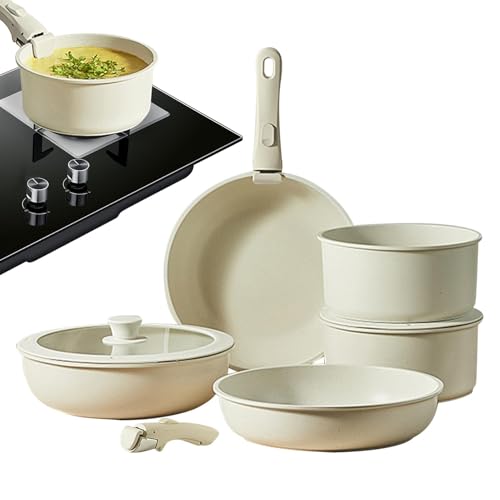 Sghtil Juego de utensilios de cocina antiadherentes, ollas y sartenes para cocinar | Juego de cocina para autocaravana, juego de cocina antiadherente, color crema