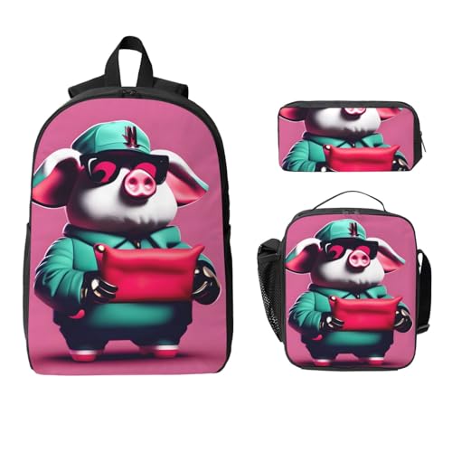 piggy print Backpack Bookbag for Daily Use,3 Pcs Backpack Set with Lunch Box and Pencil Case2