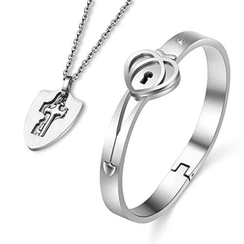 BOGEEL Mens Womens Couple Steel Jewelry Lock Bracelet Key Necklace Set Heart Bangle for Wedding Anniversary