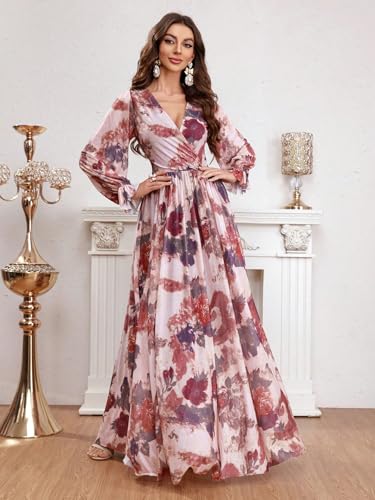 Image of TOLEEN Summer Casual Dresses for Women 2024 Spring Fashion Boho V Neck Long Sleeve Ruffle Floral Print Elegant Maxi Dress