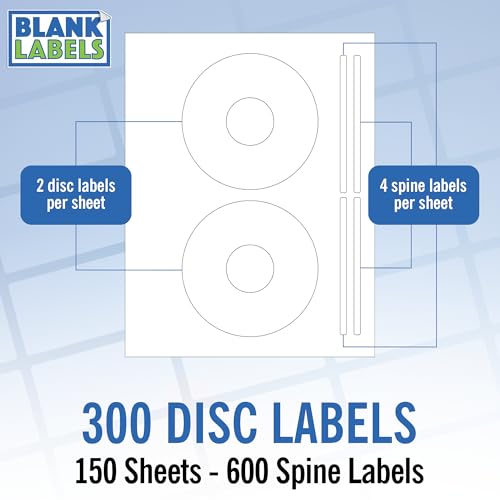 Image of CD /DVD Label Full Face | Qty 300 Disc, 300 Spine | 150 Sheets Total | Permanent White Matte | Inkjet & Laser Compatible | Memorex Large Core | Easy to Peel | Made in USA | Blank Label