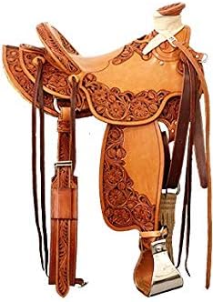 Western Horse Saddle Wade Tree A Fork Ranch Roping Work Handmade Tooled Carved Premium Leather Equestrian Trail Horse Saddle for Horse Riding Size: 10-18 inches Seat, OS124
