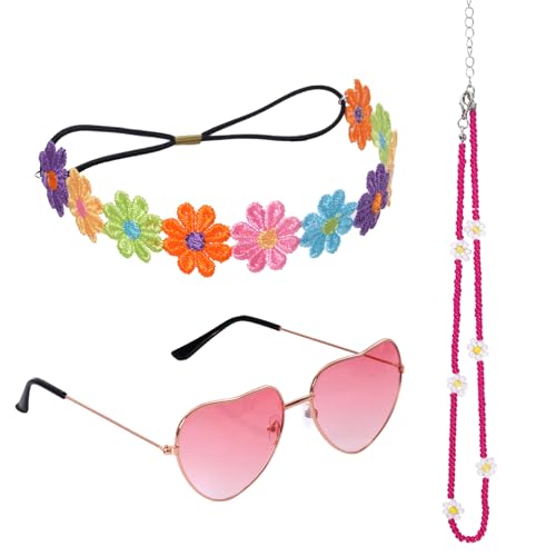 jerbro 3er Hippie Kostüm 60er 70er Disco Boho Haarband Stirnband Vintage Brille Halskette für Damen Halloween Cosplay Karneval Fasching Kostüm Bekleidung (Rosenrot) jerbro 3er Hippie Kostüm 60er 70er Disco Boho Haarband Stirnband Vintage Brille Halskette für Damen Halloween Cosplay Karneval Fasching Kostüm Bekleidung (Rosenrot)