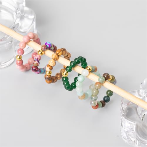 6pcs Natural Gemstone Beads Elasticity Finger Rings Set 4mm Stone Copper Beads Elastic Rings Jewelry for Women Men3