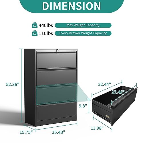 BIZOEIRON 4 Drawer Lateral File Cabinet, Metal Filing Cabinets for Home Office, Steel Storage Wide File Cabinet for Letter/Legal/F4/A4 Size with Hanging Bars, Assembly Required (Black)