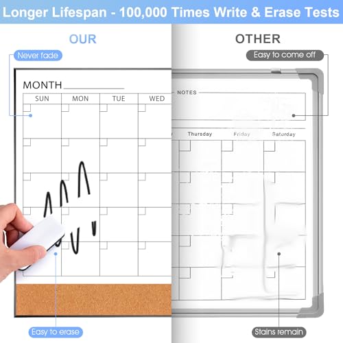 Whiteboard-Kalender & Korkboard-Kombination, 60 x 45 cm, Magnetisches Whiteboard mit Kalender, Schwarzer Rahmen, Monatsplaner für Büro, Zuhause, Schule